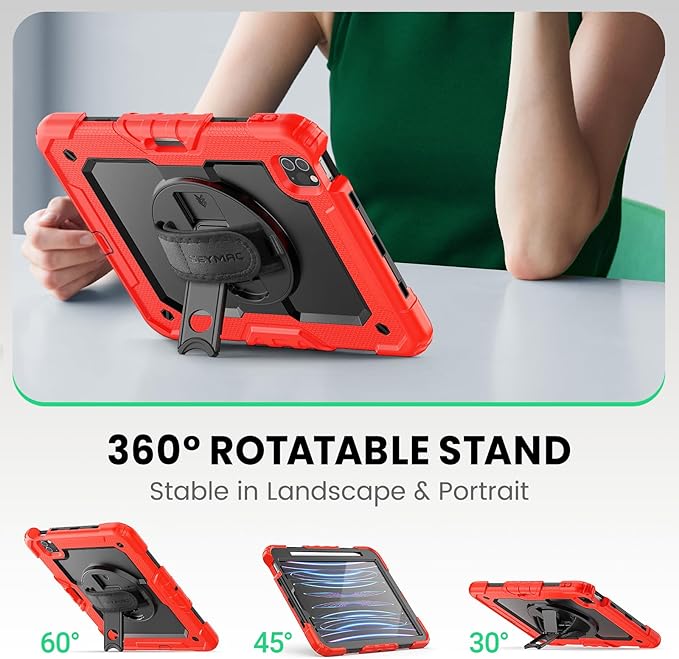 SEYMAC Case for iPad Pro 11 Case 4th/ 3rd/ 2nd/ 1st Gen (2022/2021/2020/2018), Full-Body Shockproof Protective Case with Screen Protector, 360° Rotating Stand and Hand/Shoulder Strap, Red