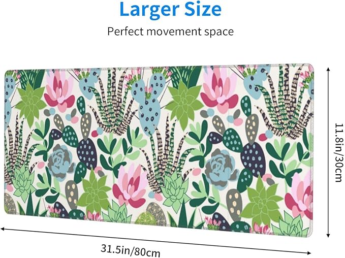 Cute Large Mouse Pad Desk Mat, Succulents and cactus Big Extended Funny Gifts XL Gaming Mousepad with Stitched Edges for Writing, Table, Long Extended Desk Pad for Women Girls Office, 31.5*11.8 Inch