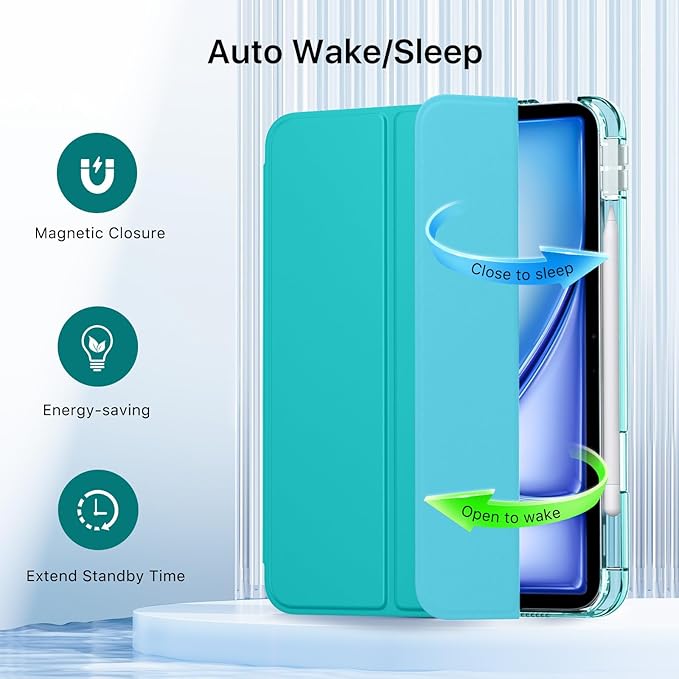 MoKo for iPad Air 11 inch Case (M4/M3/M2) 2026/2025/2024, iPad Air 5th/4th Gen 10.9 inch Case 2022/2020 with Pencil Holder, Slim Light Trifold Cover with Hard PC Translucent Back Shell, Bondi Blue