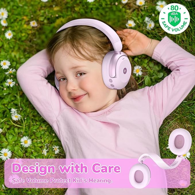 iClever BTH20 Active Noise Cancelling Headphones for Kids, 60H Play Time,Type C Fast Charging, Safe Volume 80dBA, Bluetooth5.4, Kids Headphones Wireless for iPad Tablet Airplane, Rose Pink