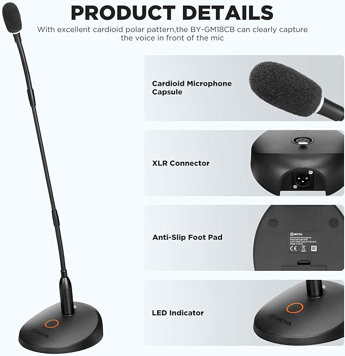 BOYA 18" Gooseneck Condenser Microphone with Desktop Base, LED Indicator - Podium Microphone for Conference Meeting Video Live Streaming Lecture Speech Podcast (XLR Interface BY-GM18CB)