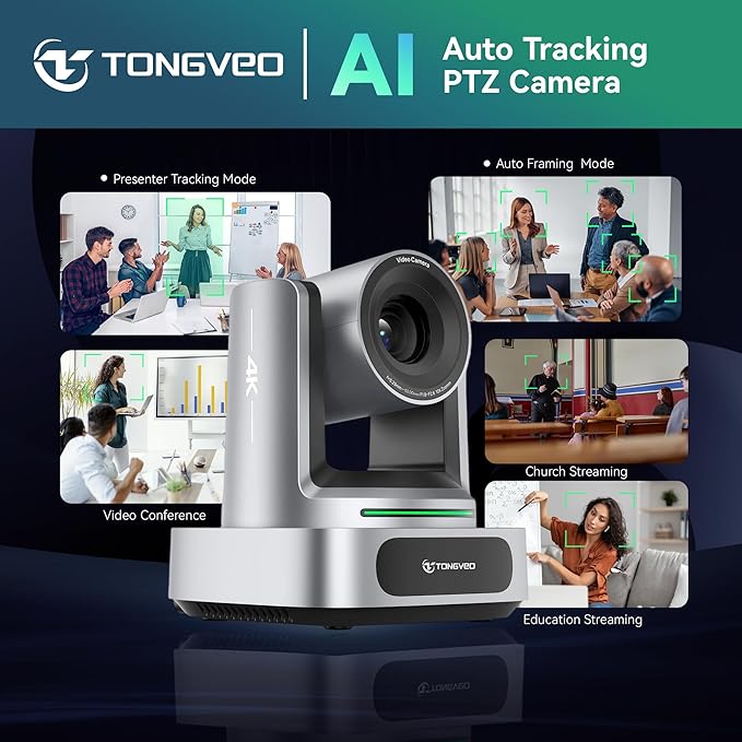 TONGVEO AI 4K PTZ Camera with Auto Tracking, 10X Optical Zoom Video Conferencing Camera, HDMI & USB 3.0 Plug and Play Webcam for Zoom, Teams, Church Worship, Live Streaming, Education