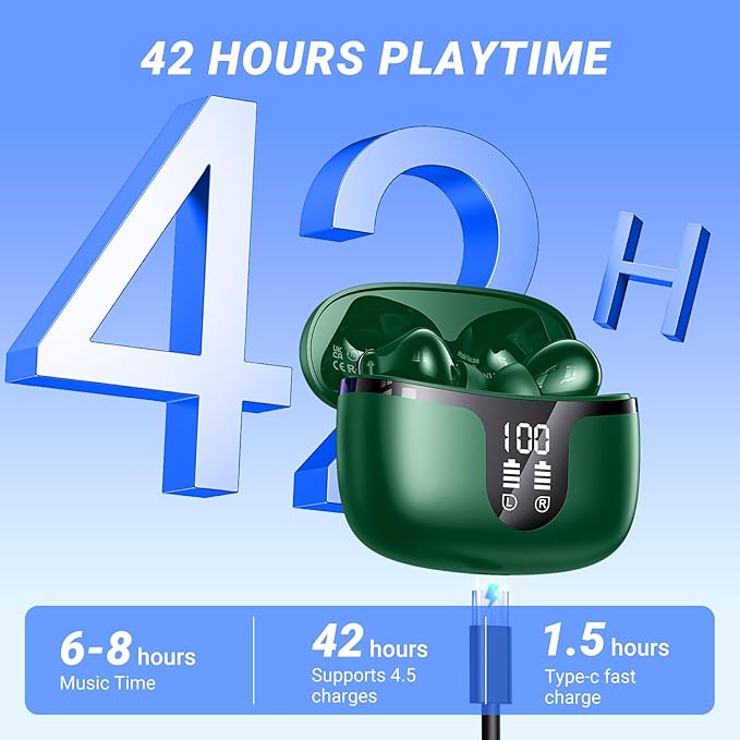 Wireless Earbuds Bluetooth 5.4 Headphones HiFi Stereo 42H Playback in Ear with 4 ENC Noise Cancelling Mic, IPX7 waterproof and LED battery display screen for Running Fitness Office Ear Buds in Green
