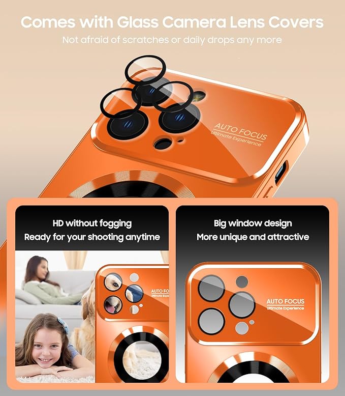 MAKAVO Magnetic for iPhone 12 Pro Max Case, Compatible with MagSafe, Built-in Camera Lens Protector, Logo View, Military Grade Drop Proof Phone Case Cover, Orange