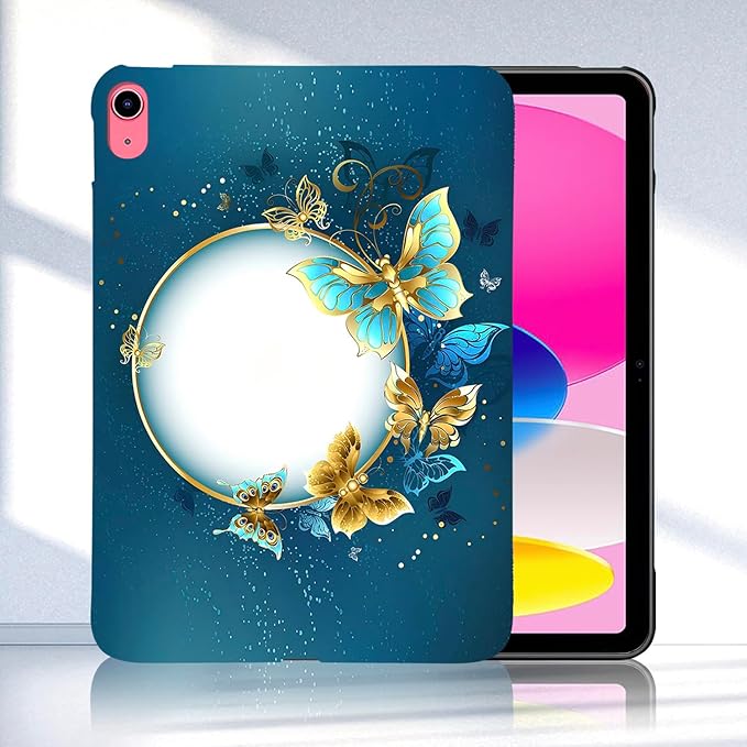for Apple iPad (A16) 11th Generation Case 11 inch 2025 & iPad 10th Generation Case 10.9 inch 2022, Lightweight Soft TPU Back Shockproof Cover Silicone Bumper Shell, Gold Blue Butterfly