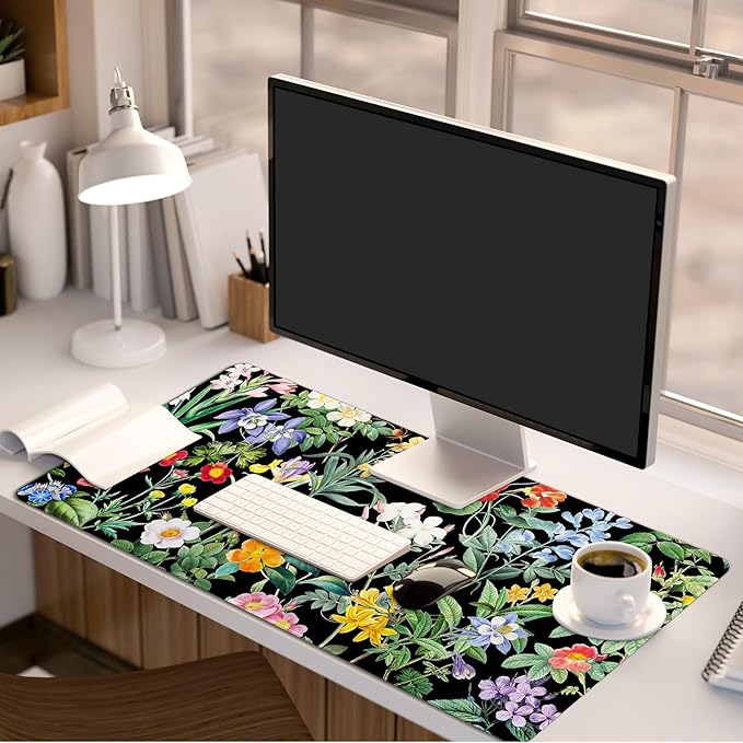 Lokigo Black Flower Desk Mat Floral Plants Mouse Pad, Wildflowers Large Gaming Mousepad Desk Pad, XXL Keyboard MouseMat Full Desktop Mat Women Office Accessories 31.5"x15.7"