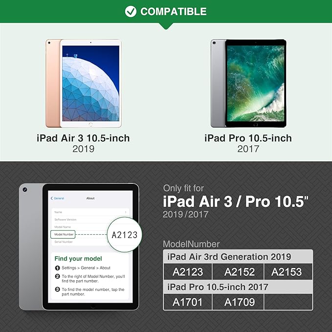 KingBlanc Case for iPad Air (3rd Generation) 10.5" 2019 / iPad Pro 10.5 inch 2017 Case with Apple Pencil Holder, Vegan Leather Smart Cover, Auto Sleep/Wake, Multi-Angle Folding Stand, Black × Gray