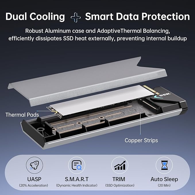 SSK M.2 NVME SATA SSD Enclosure, Improved RTL9210B Chip USB 3.2 Gen 2 10Gbps to PCI-E NGFF Adapter, M-Key/B+M Key External SSD Enclosure Aluminum Support UASP Trim 2242/2260/2280