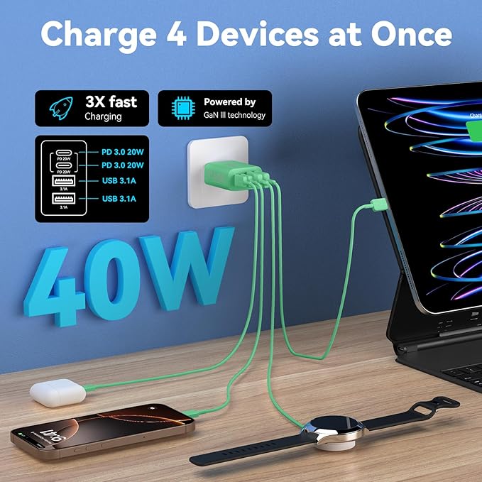 USB C Charger Block, 2Pack 40W 4 Ports Type C Fast Phone Charging Cubes PD Wall Plug+QC 3.0 USB A Charger Head Power Brick Box for iPhone 16/15/14/13/12/11 Pro Max, Pad, Galaxy, Pixel, Deep Green