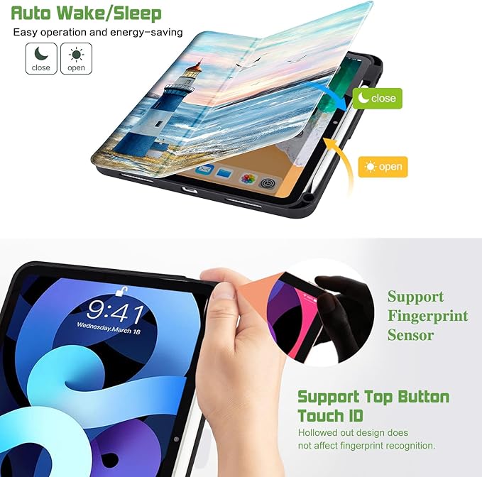 for iPad Air 11 Inch Case M4/M3/M2 2026, for iPad Air 5Th/4Th Gen Cases 10.9-inch, for iPad Pro 11 Inch Case 4Th/3Rd/2Nd/1St Generation Typing Stand 4 Viewing Stand,Pencil Holder, Lighthouse