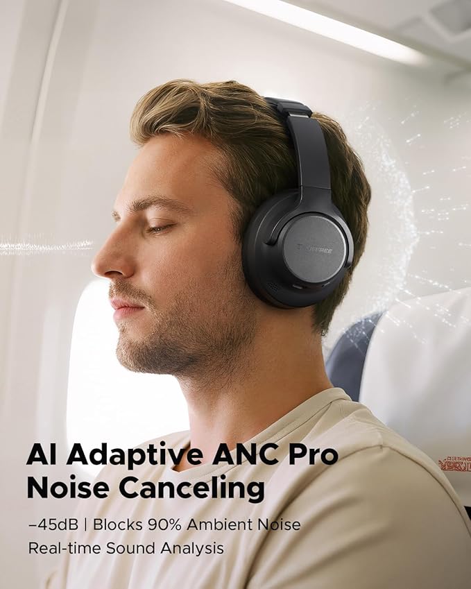 Truefree HF10 Hybrid Active Noise Cancelling Headphones, Wireless Over Ear Bluetooth 6.0 ANC Headset, 125 Hours Playtime, Spatial Audio, Deep Bass, App Custom EQ, Dual Connection, Comfort Fit Ear Cups