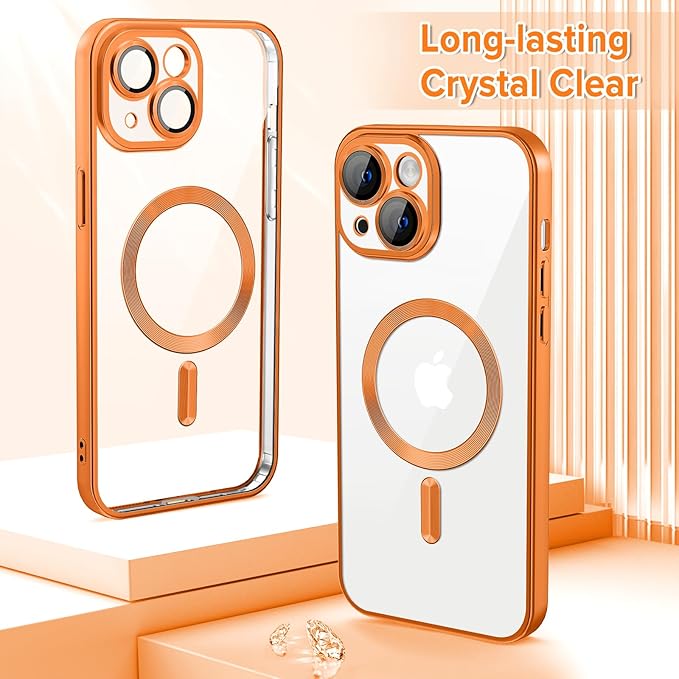 Hython Magnetic Clear for iPhone 14 Plus Case with Camera Lens Protector [Compatible with MagSafe] Luxury Plating Edge Slim Soft TPU Cover Protective Phone Case for iPhone 14 Plus 6.7", Matte Orange