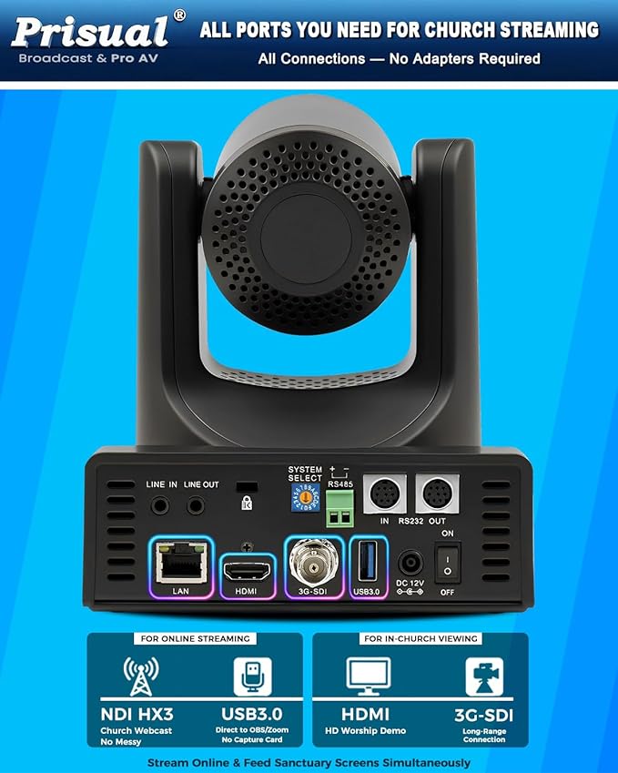 Prisual NDI PTZ Camera Gen 5, NDI 6 & NDI HX3 License Include, AI Auto Tracking, 20X Optical Zoom, 3G-SDI/HDMI/USB/LAN PoE, for Church Worship Live Streaming Education Events - TEM-20N PRO