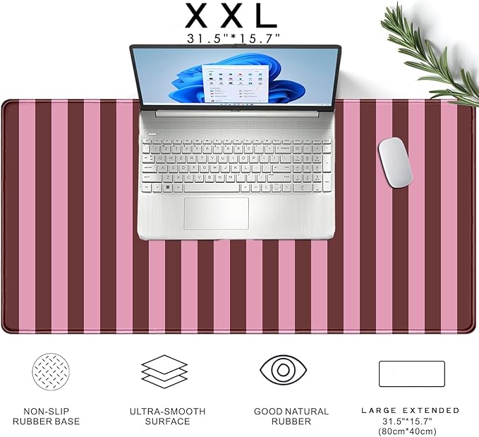 Pink and Burgundy Striped Desk Mat Cute Pastel XXL Large Gaming Mouse Pad Desk Pad Kawaii Cozy Aesthetic Keyboard Laptop Computer Mat