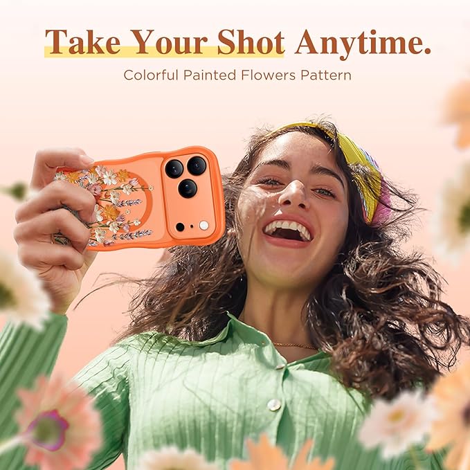GVIEWIN for iPhone 17 Pro Max Case Compatible with MagSafe [Curly Wave Edge][Full Camera Protection] Floral Translucent Shockproof Magnetic Women Phone Case for 17 Pro Max, Primrose/Orange