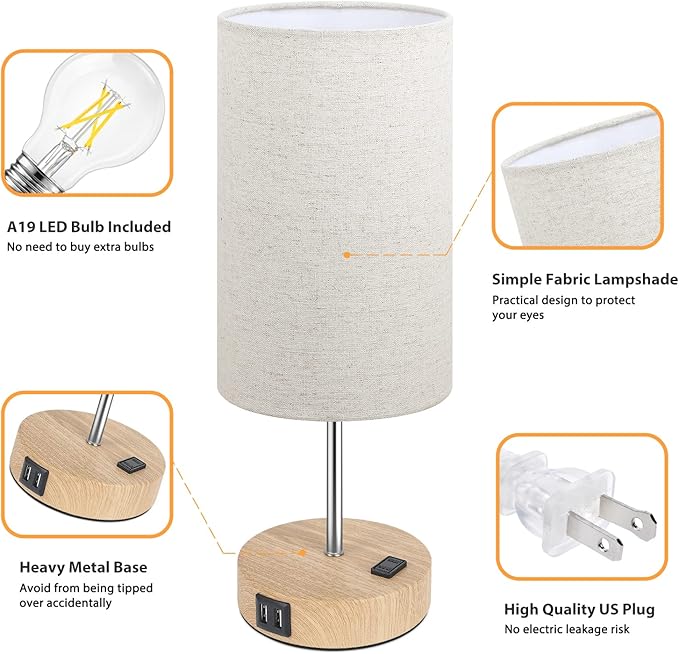 Bedside Table Lamps with 2 USB Charging Ports & AC Outlet, Set of 2 Touch Control Wooden Base Nightstand 3-Way Dimmable Lamps with Beige Fabric Shade for Bedroom, Living Room, A19 E26 Bulbs included