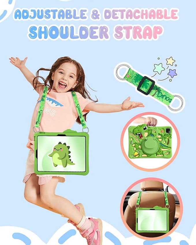Boaretiu for iPad Air M4/M3/M2 11"/Air 4th/Air 5th Gen/for iPad Pro 11"(1/2/3/4) Case - Cute Cartoon Silicone Cover with Adjustable Shoulder Strap & Rotating Stand for Kids Boys Girls, Green Dinosaur