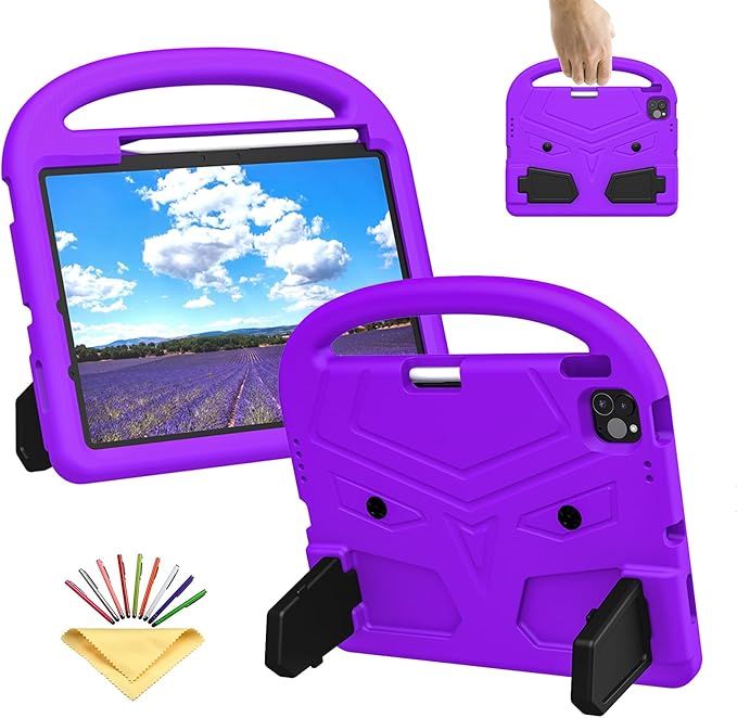 Kids Case for Apple iPad Air 11-inch M3 (2025) /M2 (2024) with Pencil Holder/Handle/Kickstand Lightweight Soft EVA Foam Shockproof Stand Tablet Cover for iPad Air 11" M3/M2, Purple Bird