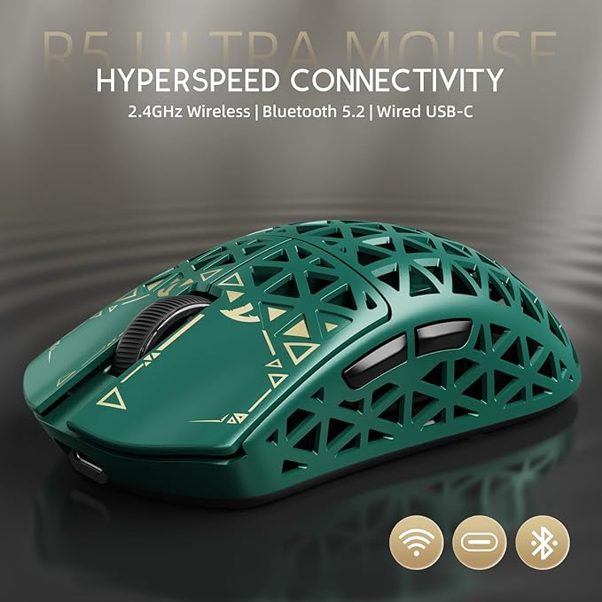 ATTACK SHARK R5 Ultra Wireless Gaming Mouse,39g Superlight Carbon Fiber Hollowed-Out,PAW3950MAX Optical Sensor Nordic 52840 MCU 8K Polling 42K DPI,Tri-Mode Programmable Mice with Coiled Cable-Green