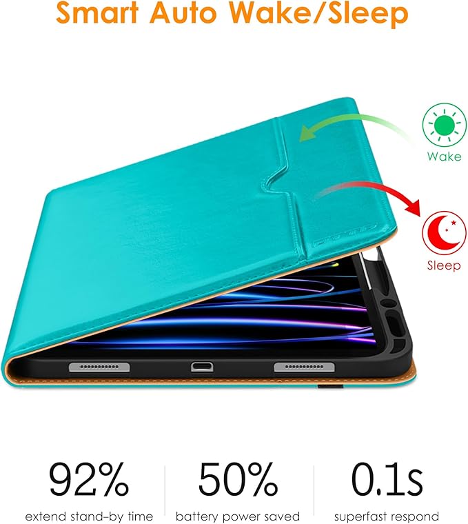 DTTO for iPad Pro 12.9 6th / 5th / 4th / 3rd Generation Case 2022/2021/2020/2018, Leather Folio Stand Cover with Built-in Apple Pencil Holder -Auto Wake/Sleep and Multi Viewing Angles, Cyan Blue