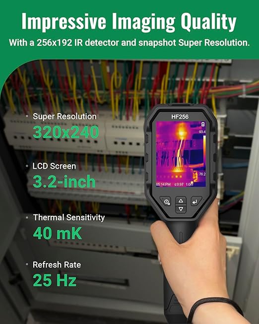 HF256 Thermal Imaging Camera, 256 x 192 IR Resolution, Super Resolution 320 x 240 Therma Camera, 3.2" LCD Screen, 25 Hz Frame Rate, High/Low-Temperature Alarm, 16 GB Storage Infrared Camera