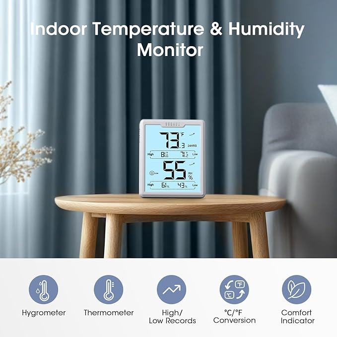 DOQAUS Digital Hygrometer Room Thermometer Indoor, Humidity Meter with Large LCD Display, Backlight Temperature Humidity Monitor with Max Min Records, White