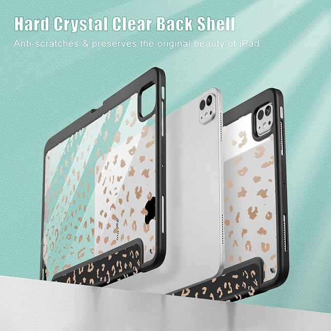 May Chen Case for iPad Pro 11-Inch M5/M4 2025/2024 (6th/5th Generation), Clear Transparent Print Back Shell Slim Stand Shockproof Tablet Cover, Auto Wake/Sleep, Leopard Print
