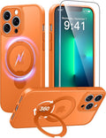 FNTCASE for iPhone 13 Pro-Max Case: [360 Spin Magnetic Stand] [Compatible with Magsafe] [Screen Protector] Translucent Matte Military Grade Shockproof Full Camera Protective Phone Cover - Orange