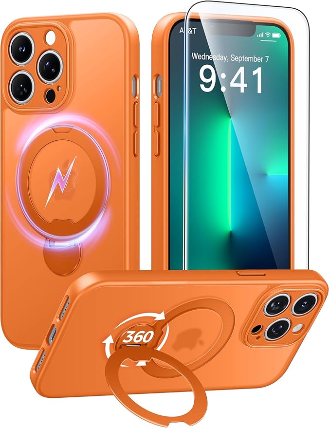 FNTCASE for iPhone 13 Pro Case: [360 Spin Magnetic Stand] [Compatible with Magsafe] [Screen Protector] Translucent Matte Military Grade Shockproof Full Camera Protective Phone Cover - Orange