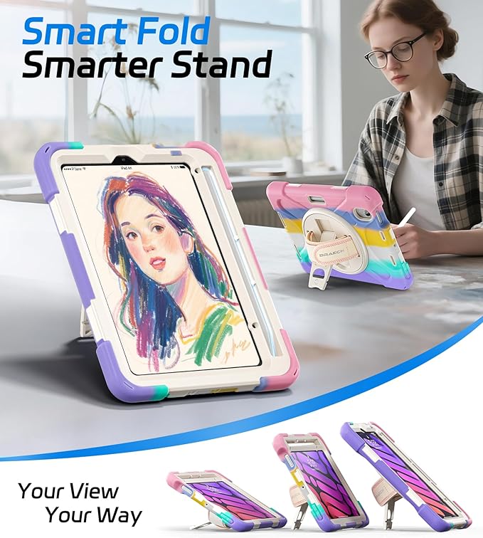 BRAECNstock Kids Case for Apple iPad mini 7 (A17 Pro) 2024/ Mini 6 8.3" Shockproof Protective iPad mini 7th/6th Gen Case with Screen Protector Pen Holder [Rotating Stand+Hand Strap], Colorful Pink