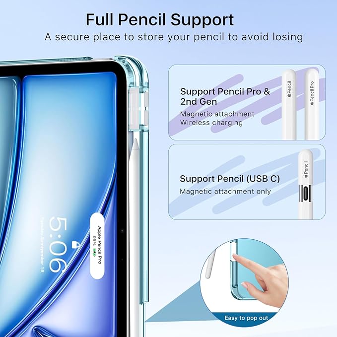 MoKo for iPad Air 11 inch Case (M4/M3/M2) 2026/2025/2024, iPad Air 5th/4th Gen 10.9 inch Case 2022/2020 with Pencil Holder, Slim Light Trifold Cover with Hard PC Translucent Back Shell, French Blue