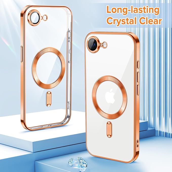 Hython Magnetic Clear for iPhone 17e Case with Camera Lens Protector [Compatible with MagSafe] Luxury Plating Edge Slim Soft TPU Cover Protective Phone Case for iPhone 17e 6.1", Orange