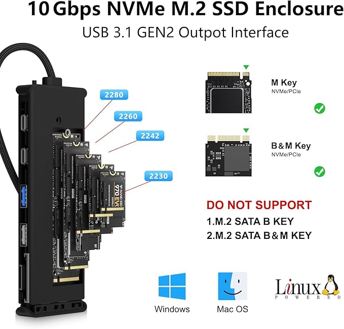 7-in-1 USB C Hub with M.2 NVMe SSD Enclosure, 10Gbps USB-C/3.1 Gen2, 100W PD, USB 2.0, PCIe 3.0 Support for MacBook Pro & Type-C Devices