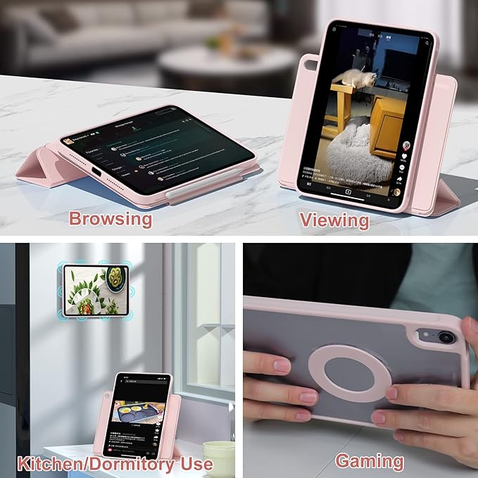ZENLU iPad mini 6th 7th Generation Case with Removable Magnetic Folio Cover, Premium PU Leather, Multiple Angles, Pencil Charging Support, Full Protective Case for 8.3 inch iPad mini 6/7 (Pink)