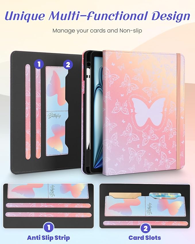 Kidcube for iPad Air 11 Inch Case M3/M2, Air 5th/4th Generation Cases 10.9'', Pro 11'' 2020 - Women Girls Aesthetic Cute Rotating Stand Folio Cover with Pencil Holder & Card Slot Kawaii Butterfly