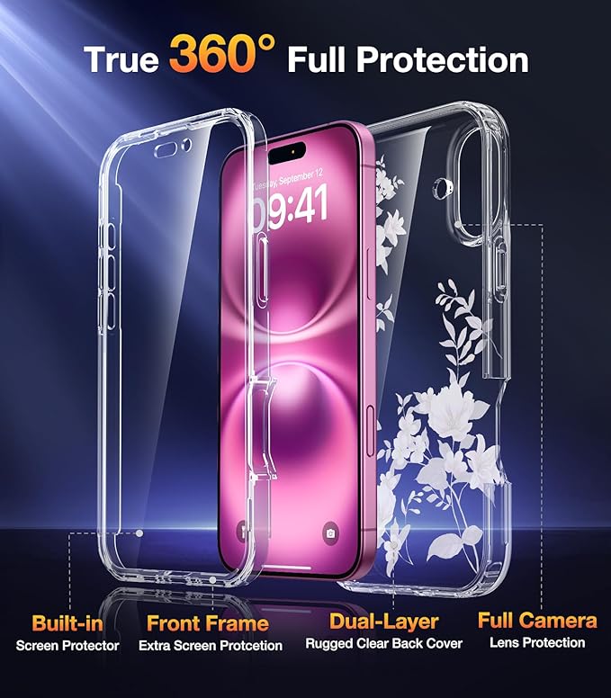 Diaclara Designed for iPhone 16 Case, Full Body Rugged Case with Built-in Touch Sensitive Anti-Scratch Screen Protector, Upgraded [Full Camera Protection] for iPhone 16 Holsters 6.1" (Clear Flower)