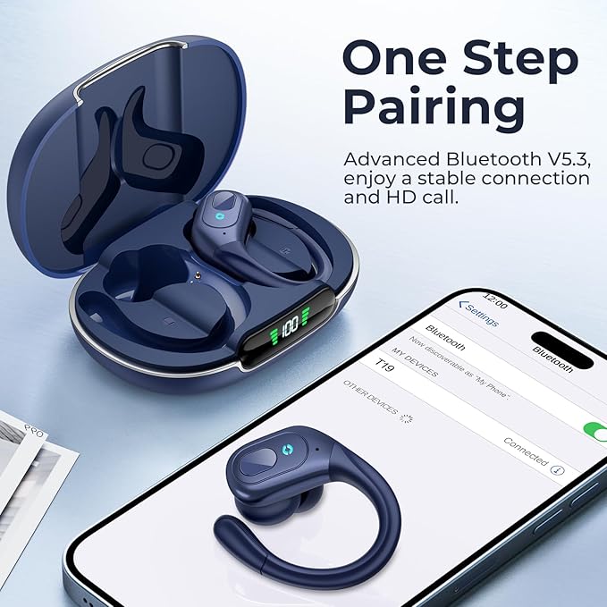 occiam Active Noise Cancelling Earbuds Wireless Bluetooth Headphones Ear Buds 90Hrs Playback Stereo Bass Earphones with Mic Over-Ear Hooks IPX7 Waterproof Headset for Work Sports (Deep Blue)