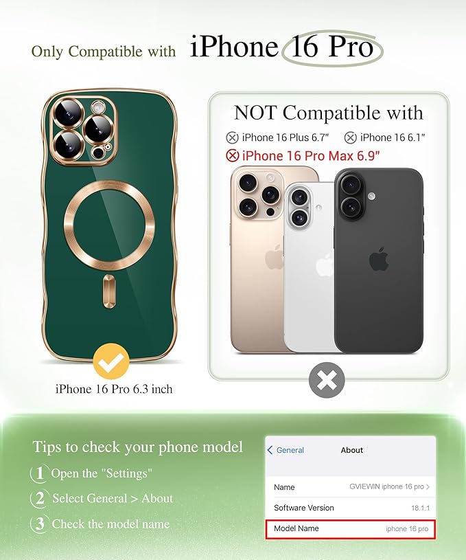 GVIEWIN for iPhone 16 Pro Case Compatible with MagSafe, Upgraded [Full Camera Protection][Cute Wave Frame][Military Grade Protection] Electroplated Soft Phone Cover for Women Girl, Green