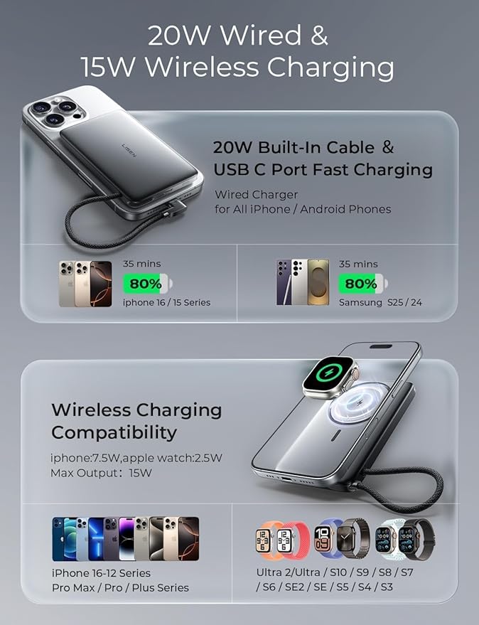 LISEN 0.5'' Ultra Slim MagSafe Power Bank for iPhone and Apple Watch,10000mAh MagSafe Battery Pack,Alloy Magnetic Portable Charger for iPhone 16 Pro Max Plus/15, Apple Watch S11 /S10 S9 SE，Black