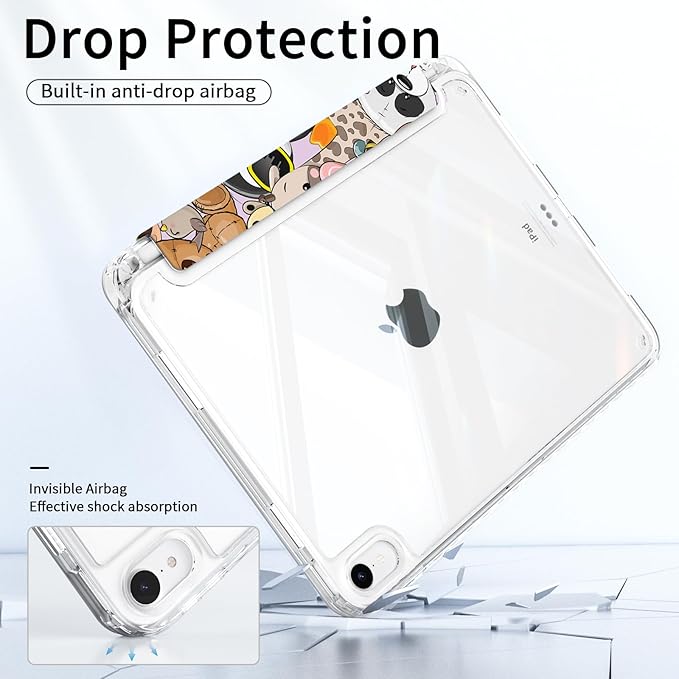Slim Trifold Case for iPad 10th Generation with Pencil Holder, iPad 11th Generation Case A16 2025, Lightweight Shell Shockproof Clear Transparent Back Cover, Auto Wake/Sleep, Cute Animals