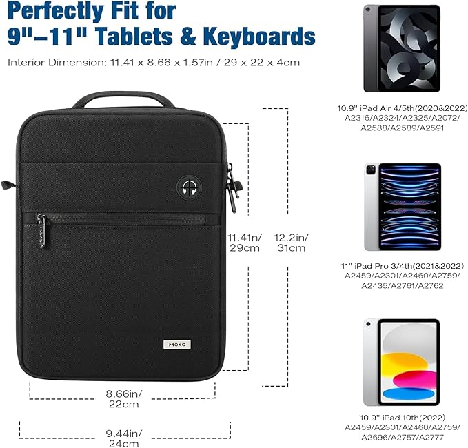 MoKo 9-11 Inch Tablet Bag, 360° Protective Carrying Case Fits iPad Air 5/4th 10.9, iPad Pro 11 inch, iPad 9/8/7th 10.2, iPad 10th Gen 10.9, with Multi-Pockets, Shoulder Strap & Earphone Port, Black