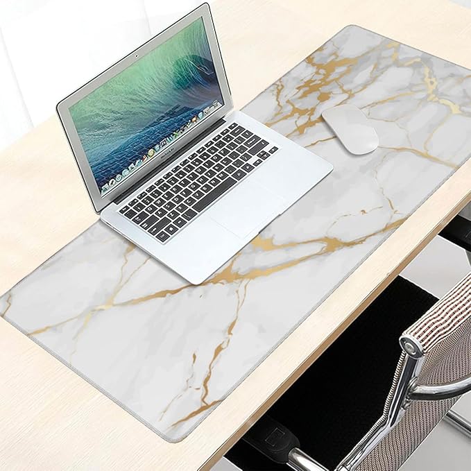 Extra Large Mouse Pads White Gold Marble Print XXL Extended Mousepad with Stitched Edges Non-Slip Rubber Base Computer Keyboard Pad Desk Mat for Home Office Desk Decor, 35.4" X 15.7"