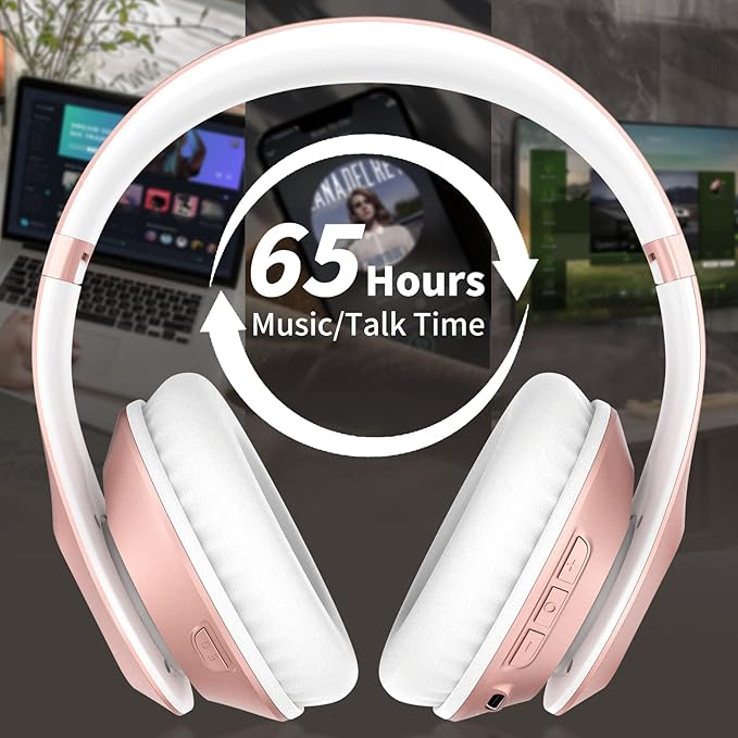 Wireless Bluetooth Headphones Over Ear 65H Playtime HiFi Stereo Headset with Microphone and 6EQ Modes Foldable Bluetooth V6.0 Headphones for Travel Smartphone Computer Laptop Rose Gold