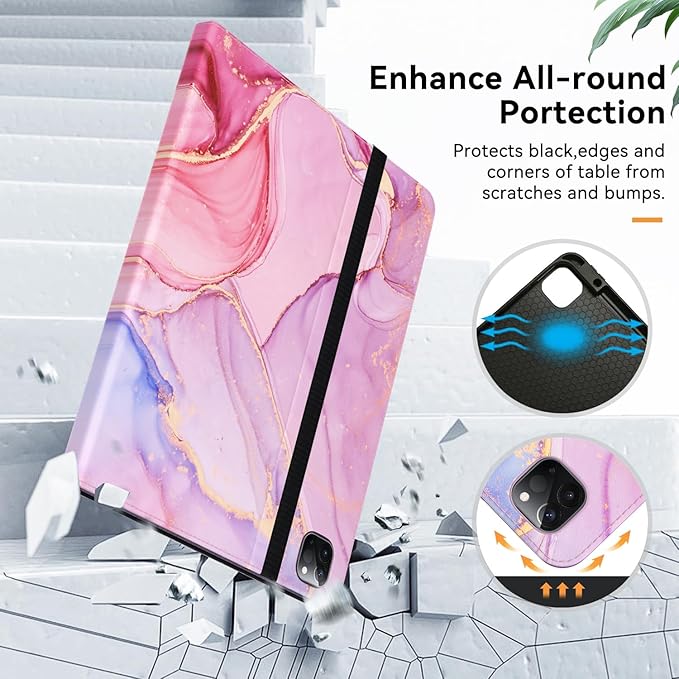 Zonefoker Case for New iPad Pro 12.9 inch 6th/5th/4th/3rd Generation 2022/2021/2020/2018, 12.9'' ipad Pro Leather Folio Protective Cover 6/5/4/3 Gen with Pencil Holder, Auto Wake/Sleep, Marble Pink