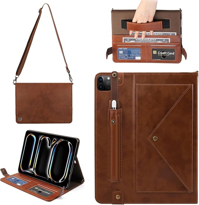 Handbag Case for iPad Pro 13-inch M5 2025/M4 2024, Techcircle Folio Stand PU Leather Crossbody Wallet Case with Pencil Holder, Hand Strap & Shoulder Strap, Coffee