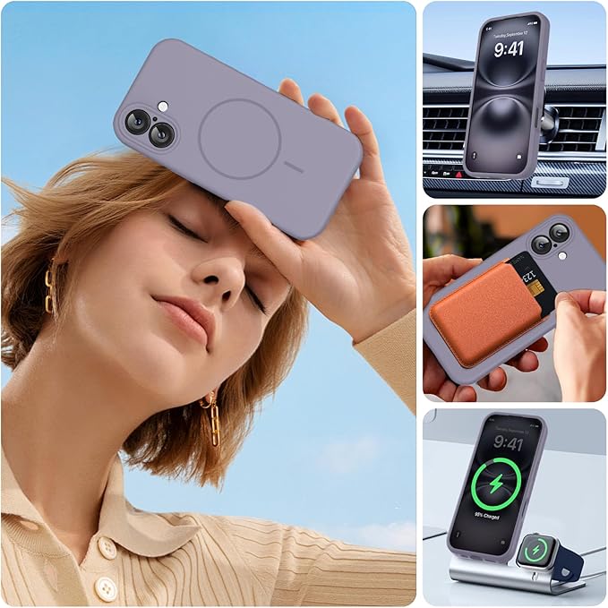 Miracase Magnetic for iPhone 16 Plus Case, [Soft Anti-Scratch Microfiber Lining], Magnetic for MagSafe, Liquid Silicone Shockproof Drop Protection Phone Case for 16 Plus,Lavender Gray
