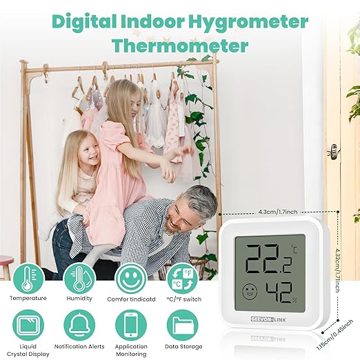 Bluetooth Thermometer Hygrometer, Indoor Temperature Humidity Sensor with Electronic Ink Display, App Notification Alert, Free Data Storage Export, Digital Remote Monitor for Bedroom