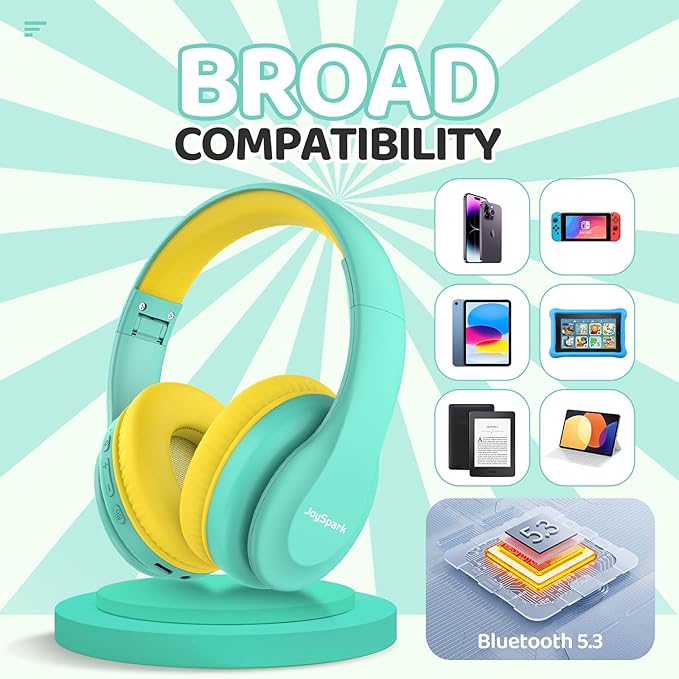 JoySpark Kids Bluetooth Headphones, Lightweight Wireless Headphones for Kids, 85/94dB Volume Limited, 60 Hours Playtime, Bluetooth 5.3, Over-Ear Toddler Headsets with Built-in Mic-Green