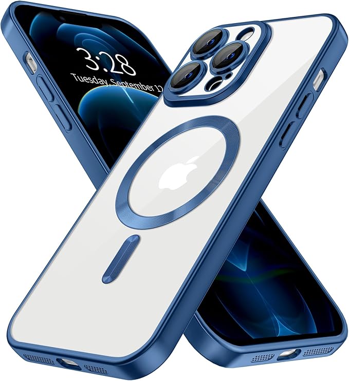 Hython Magnetic Clear for iPhone 12 Pro Max Case with Camera Lens Protector [Compatible with MagSafe] Plating Edge Slim Soft TPU Cover Protective Phone Case for iPhone 12 Pro Max, Matte Deep Blue