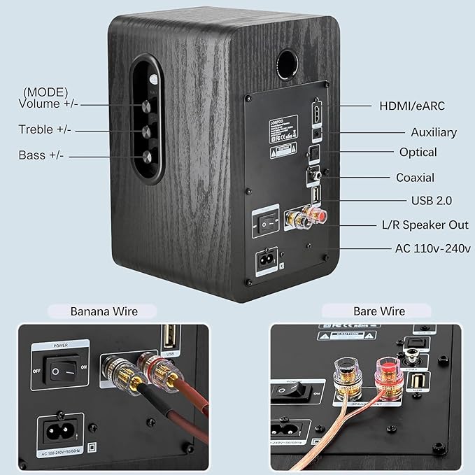 LONPOO Powered Bookshelf Speakers - Wireless 100W RMS Bluetooth with eARC - Powerful Home Music System - Home Theater Systems, Studio Monitors